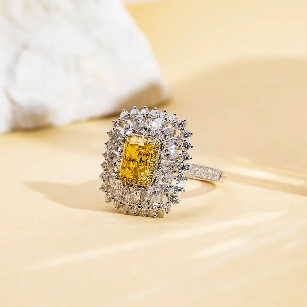 Eco-1671 2CT Fancy Yellow Lab-Grown Diamond Halo Ring in 18K White Gold – Custom Luxury by Ecogemma