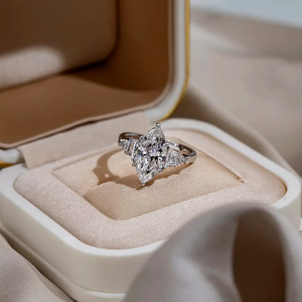 Eco-1668 3CT Marquise-Cut Lab-Grown Diamond Three-Stone Ring in 18K White Gold – Custom by Ecogemma