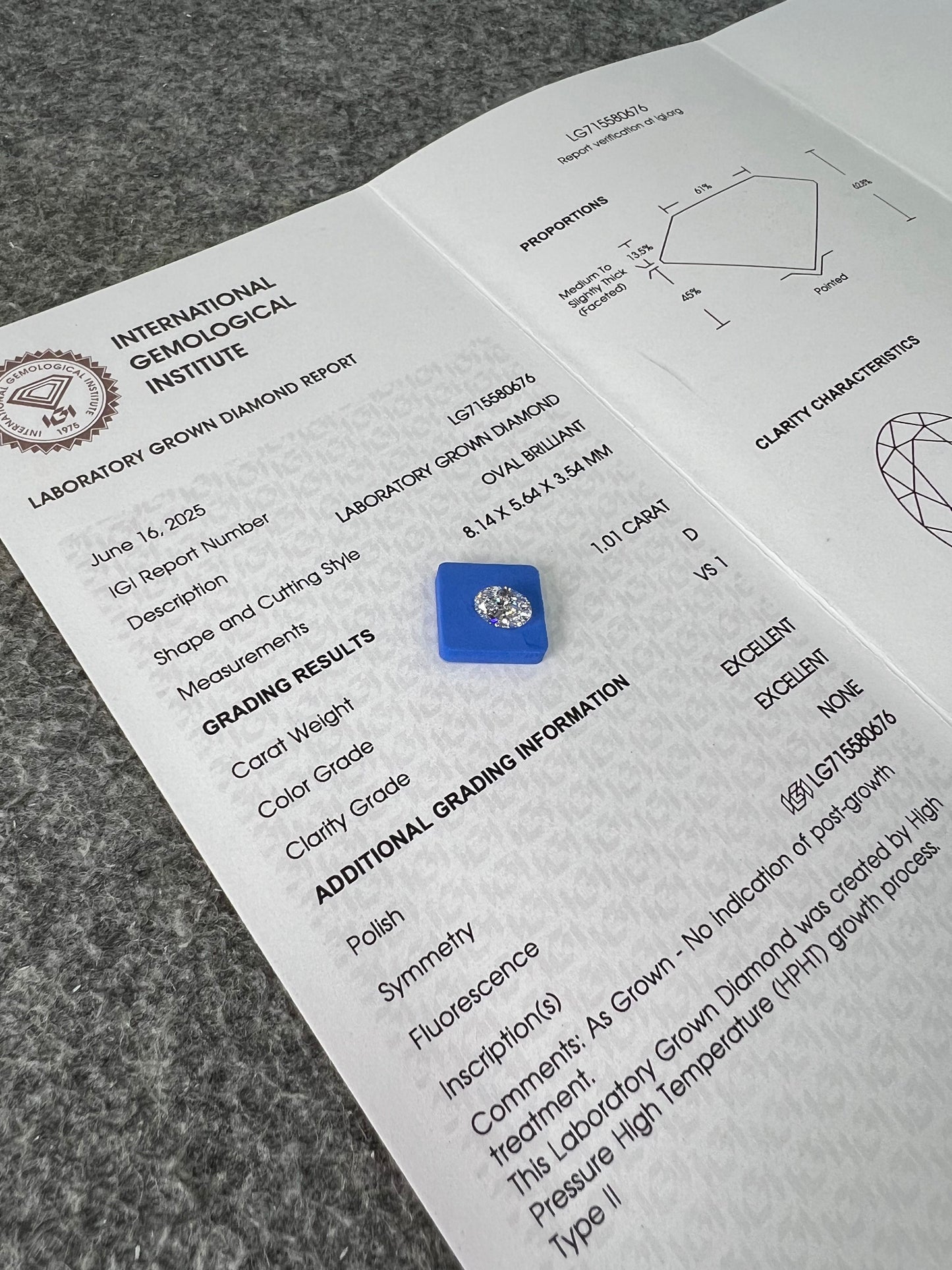 Oval Brilliant D VS1 EX 1.01ct HPHT Lab Grown Diamond with IGI Certificate LG715580676