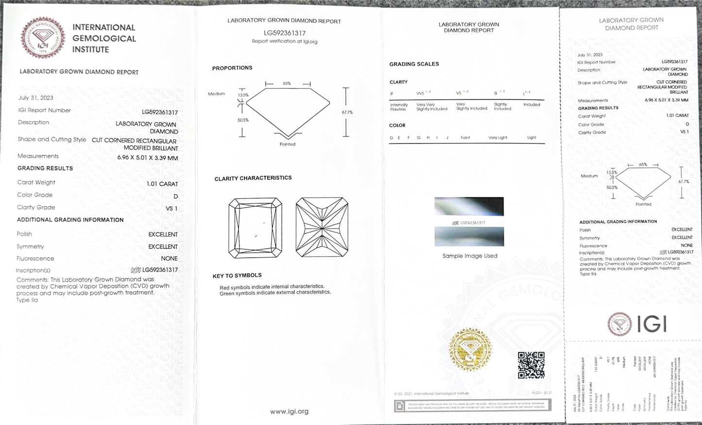 Radiant D VS1 EX EX 1.01ct CVD Lab Grown Diamond with IGI Certificate LG592361317