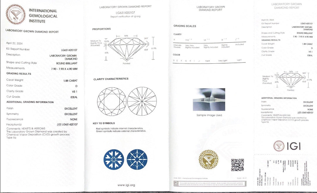 Round Brilliant D VS1 ID EX EX 1.88ct Lab Grown Diamond with IGI Certificate LG631420107 CVD