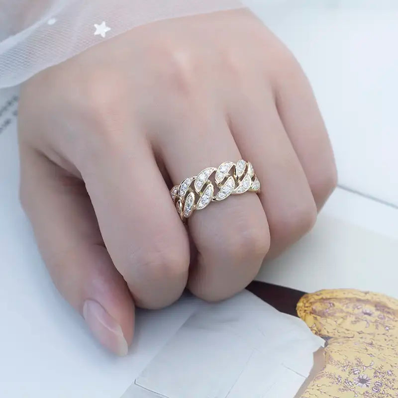 Eco-628 18K Yellow Gold Moissanite Chain-Link Eternity Ring