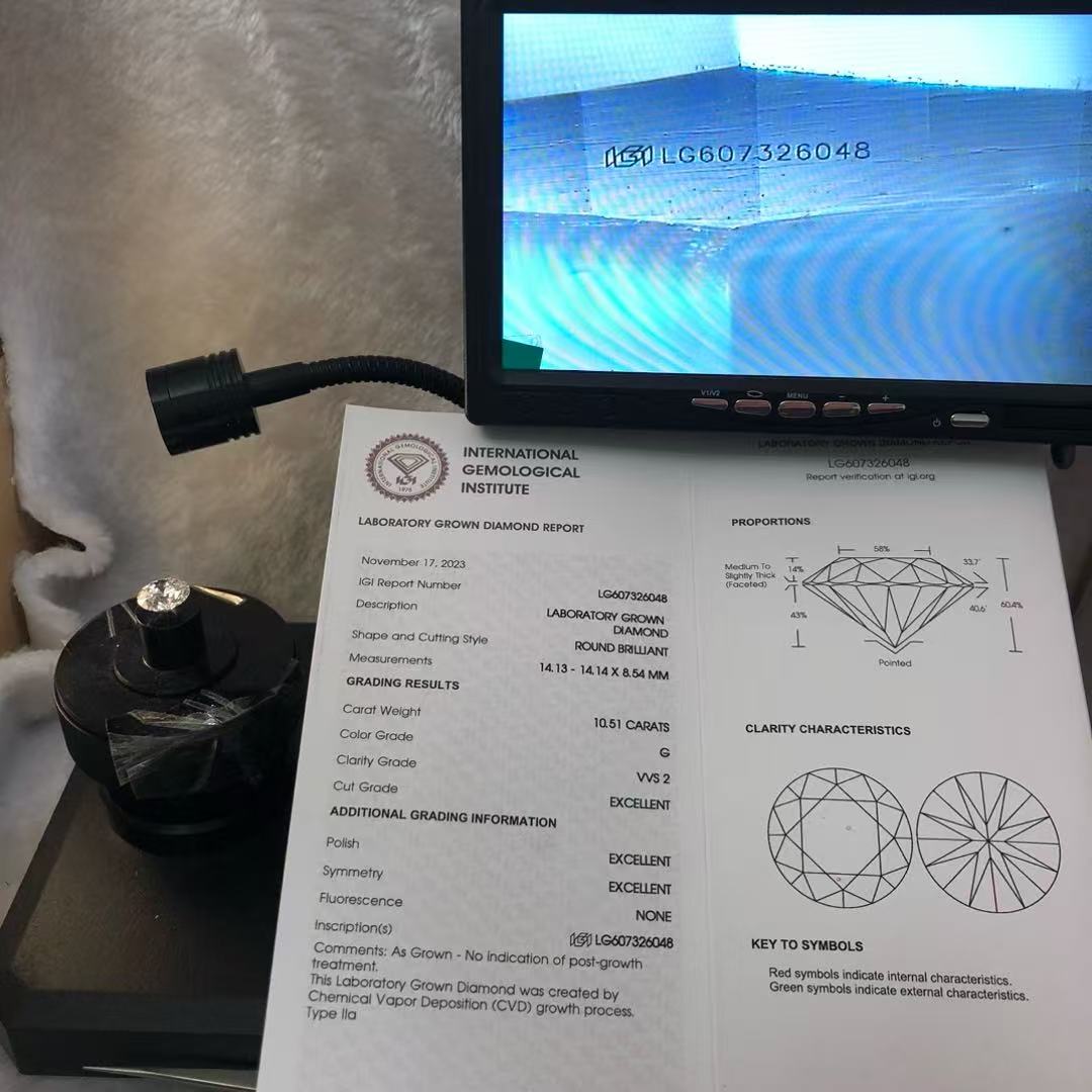 Round Cut 10.51ct G VVS2 CVD Lab Grown Diamond IGI Certificate LG607326048