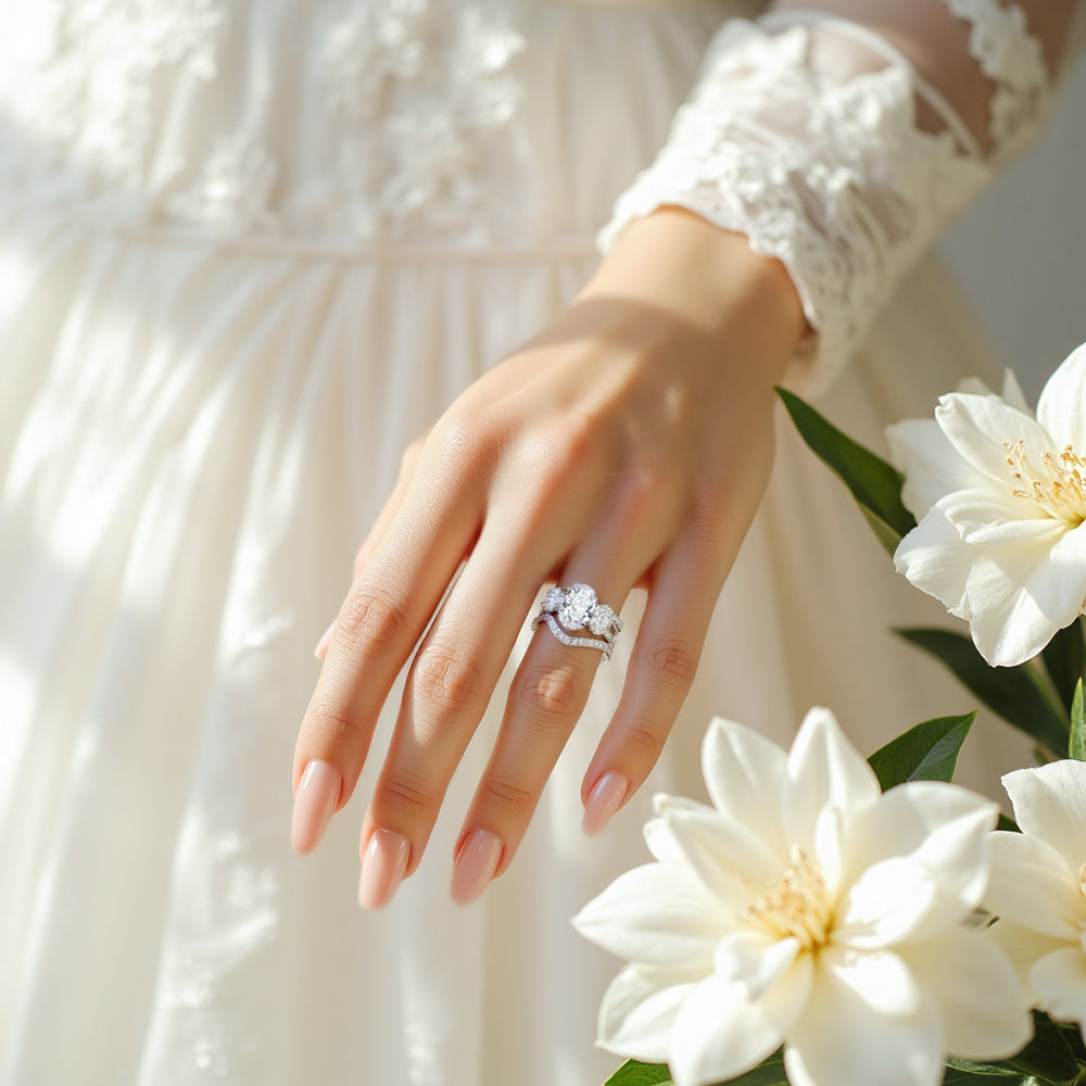 Eco-1914: “Celestial Grace” – Lab-Grown Three-Stone Diamond Pavé Ring in 18K White Gold