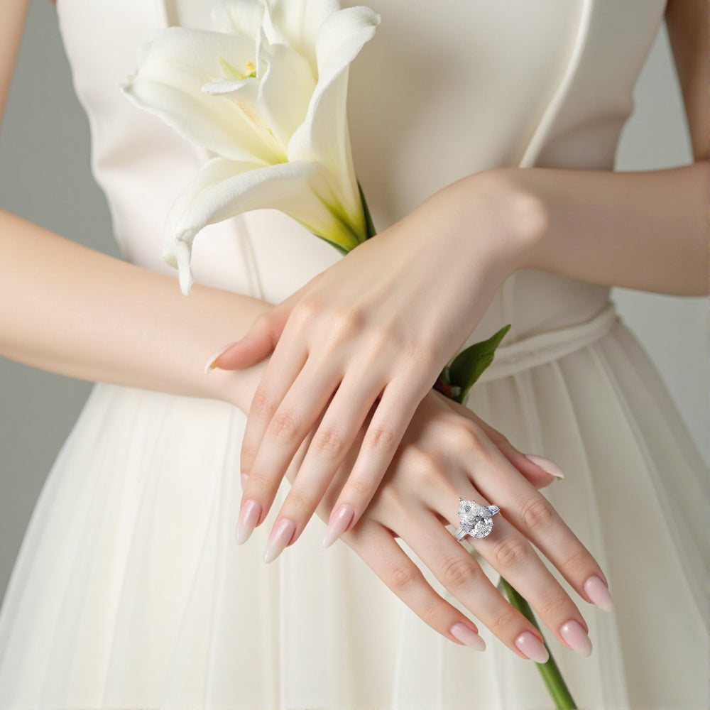 Eco-1888: Crowned Light – Lab-Grown Pear Diamond Three-Stone Ring in 18K White Gold