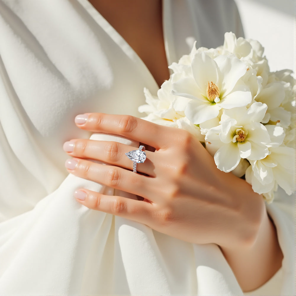 Eco-1915: Teardrop of Light – Lab-Grown Pear Diamond Pavé Ring in 18K White Gold