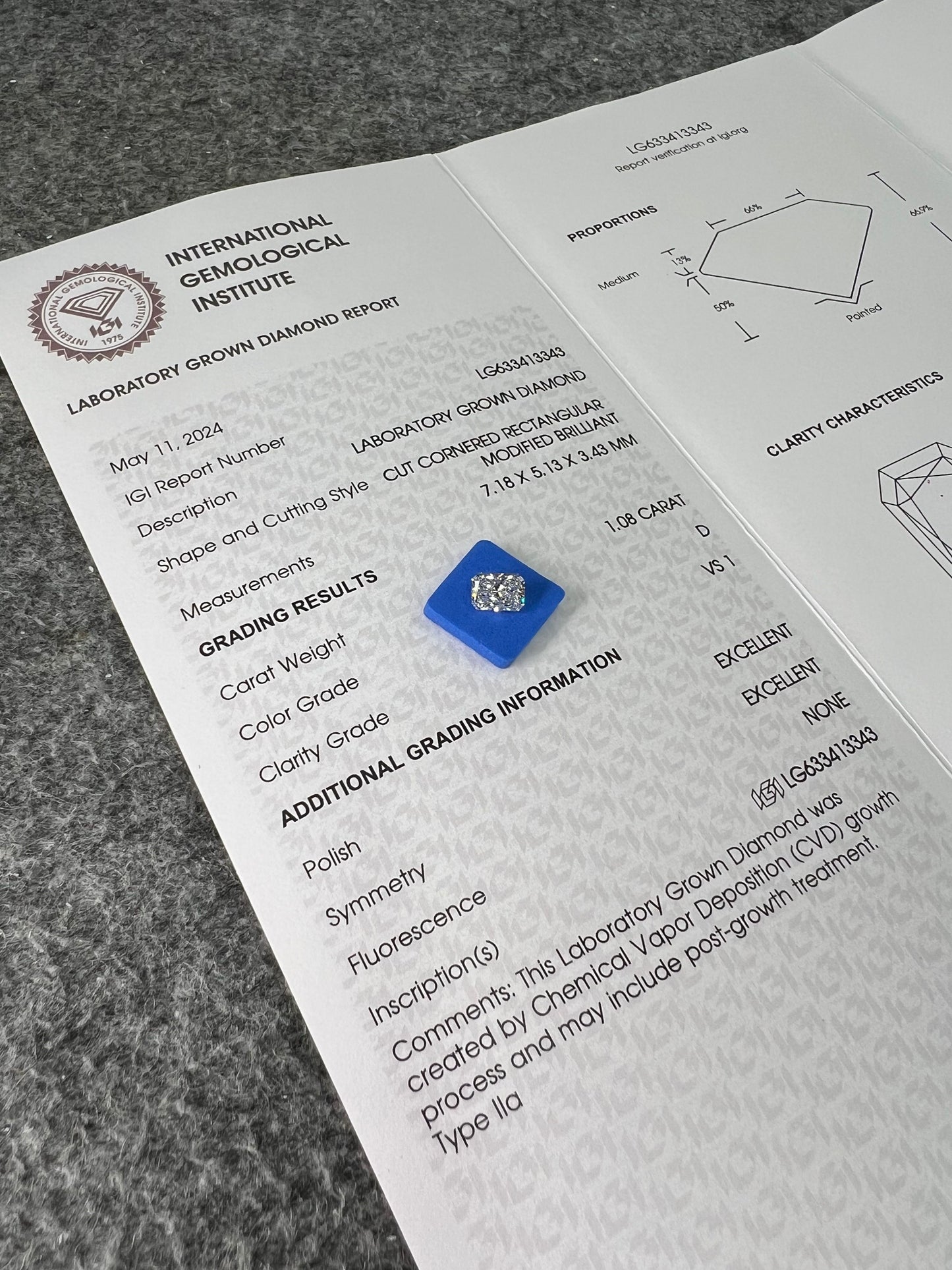 Radiant D VS1 EX EX 1.08ct CVD Lab Grown Diamond with IGI Certificate LG633413343