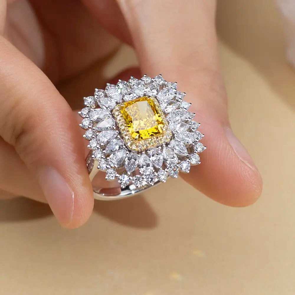 Eco-1671 2CT Fancy Yellow Lab-Grown Diamond Halo Ring in 18K White Gold – Custom Luxury by Ecogemma