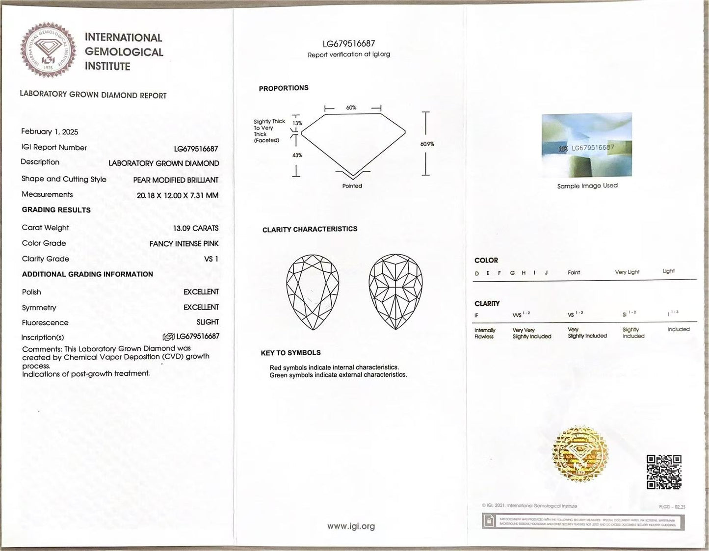 Pear Cut 13.09ct Fancy Intense Pink VS1 CVD Lab Grown Diamond IGI Certificate LG 679516687
