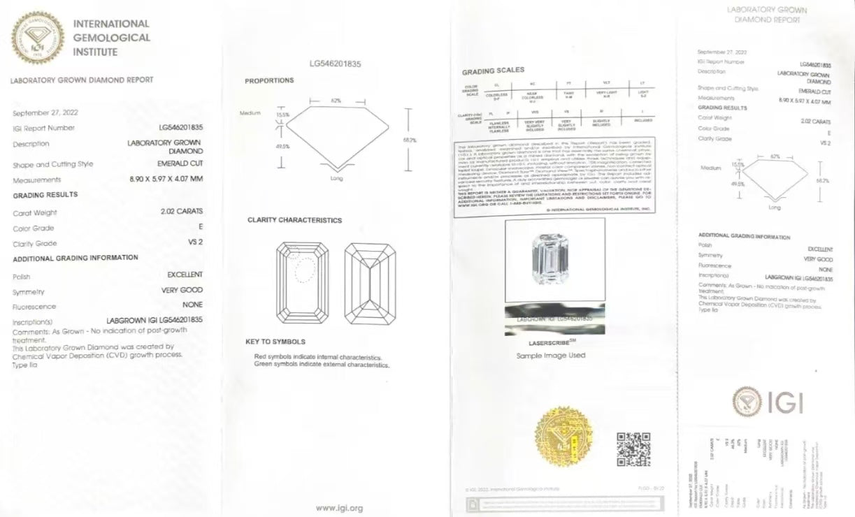 Emerald Cut 2.02ct E VS2 CVD Lab Grown Diamond IGI Certificate LG546201835