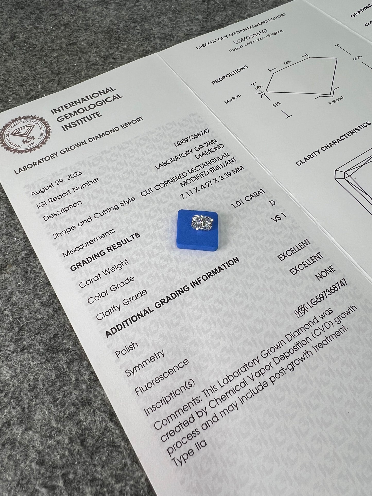 Radiant D VS1 EX EX 1.01ct CVD Lab Grown Diamond with IGI Certificate LG597368747