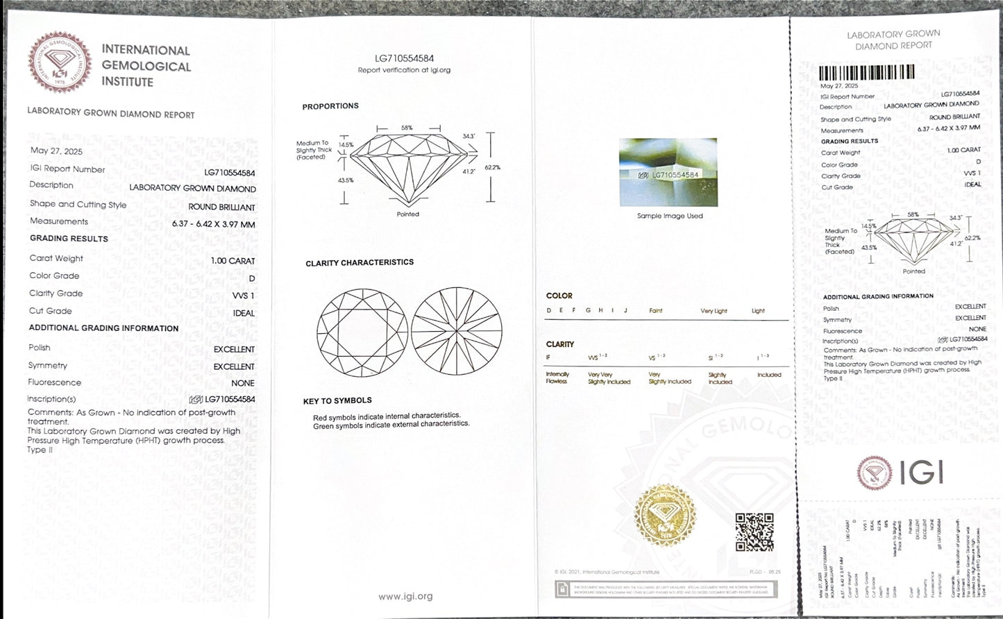 Round Cut 1 CT D VVS1 ID EX EX Lab Grown Diamond HPHT IGI Certificate  LG710554584
