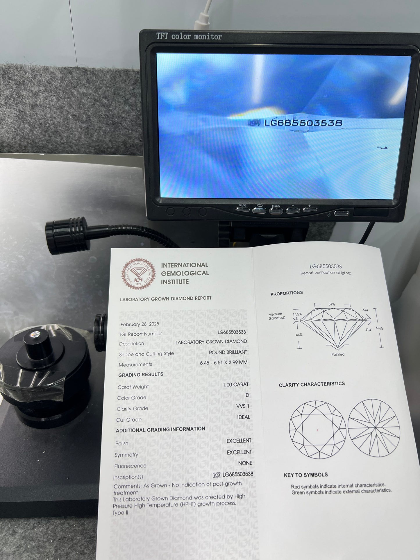 Round Brilliant D VVS1 ID EX EX 1ct Lab Grown Diamond with IGI Certificate LG685503538 HPHT