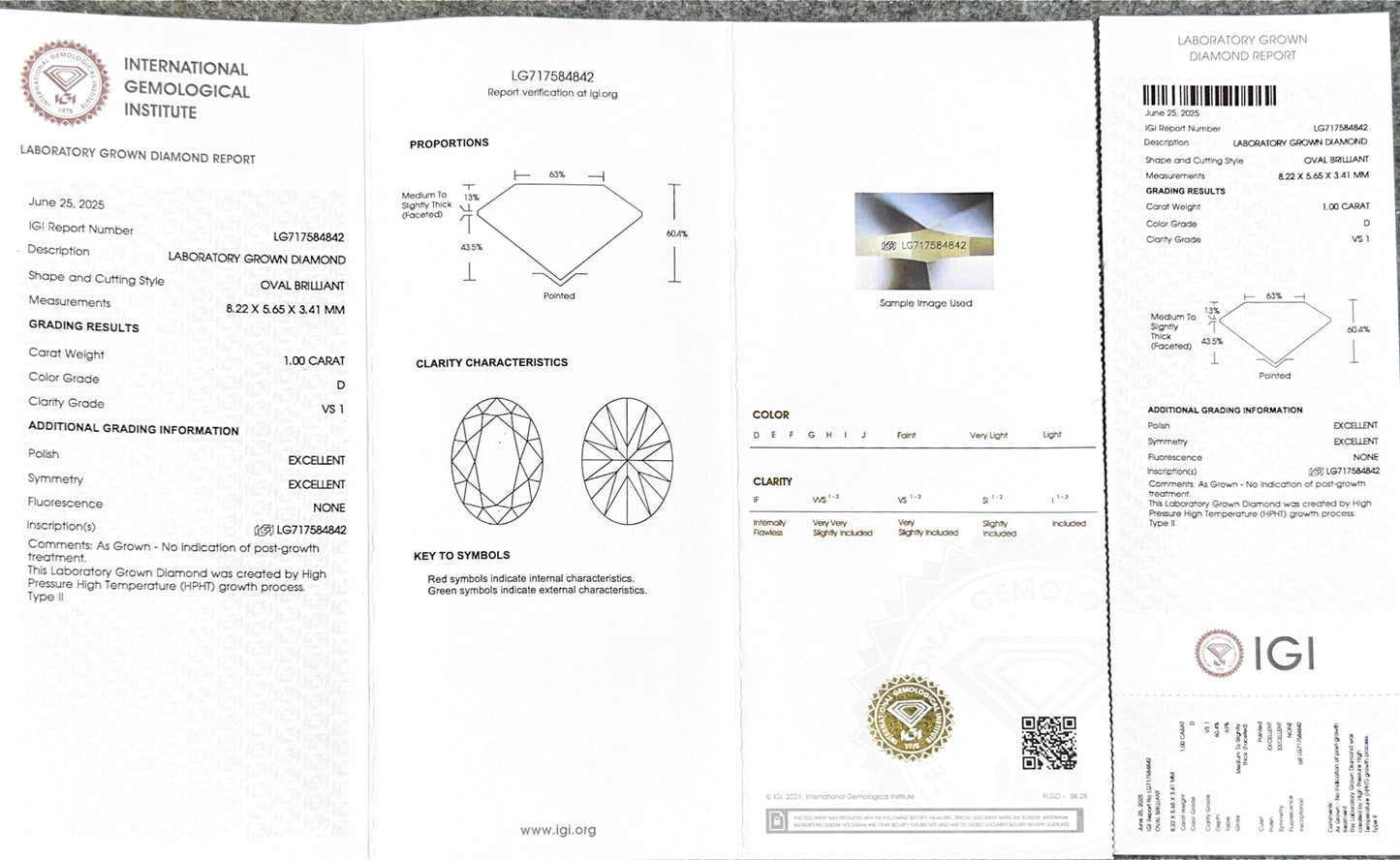 Oval Brilliant D VS1 EX 1ct HPHT Lab Grown Diamond with IGI Certificate LG717584842