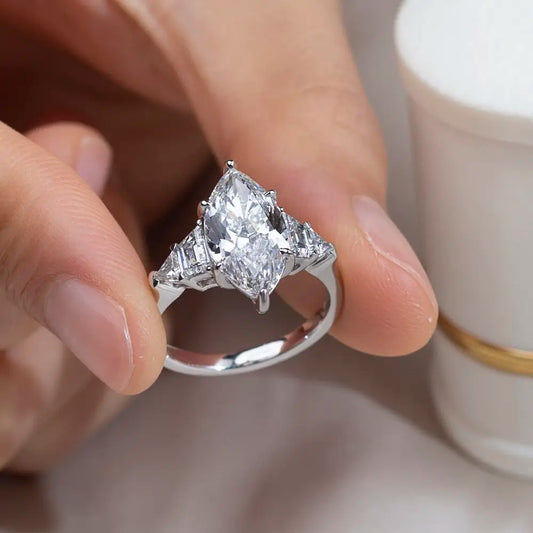 Eco-1668 3CT Marquise-Cut Lab-Grown Diamond Three-Stone Ring in 18K White Gold – Custom by Ecogemma