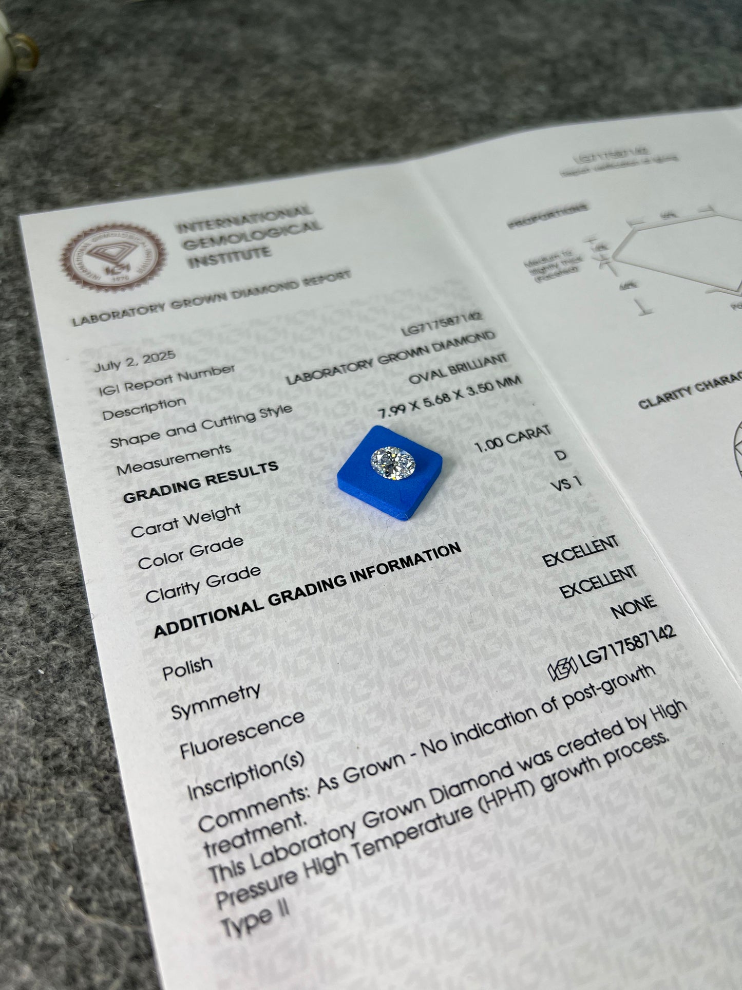 Oval Brilliant D VS1 EX 1ct HPHT Lab Grown Diamond with IGI Certificate LG717587142