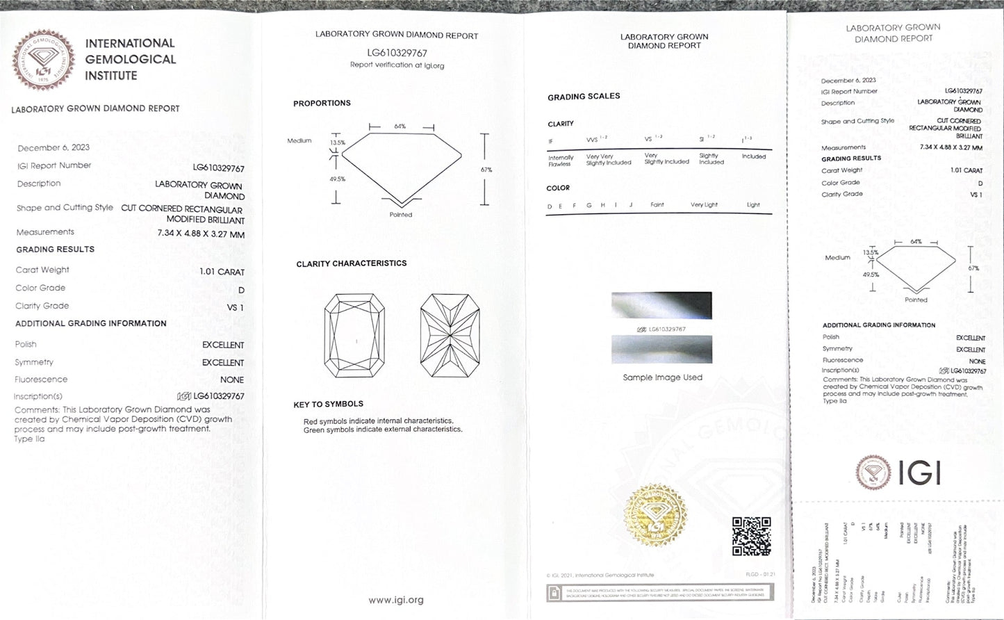 Radiant D VS1 EX EX 1.01ct CVD Lab Grown Diamond with IGI Certificate LG 610329767