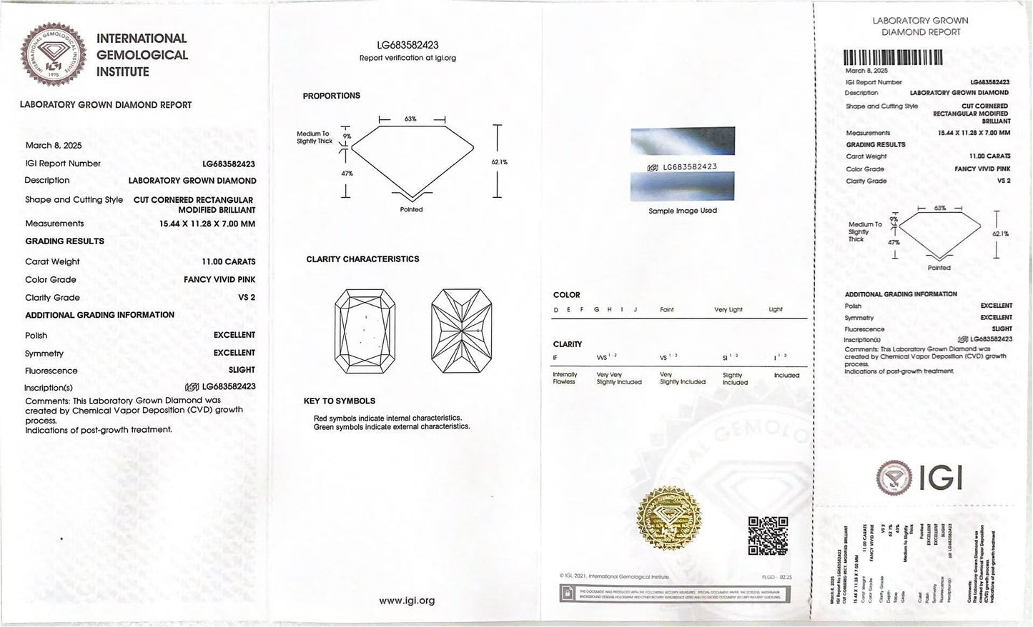 Emerald Cut 11ct Fancy Vivid Pink VS2 CVD Lab Grown Diamond IGI Certificate LG 683582423