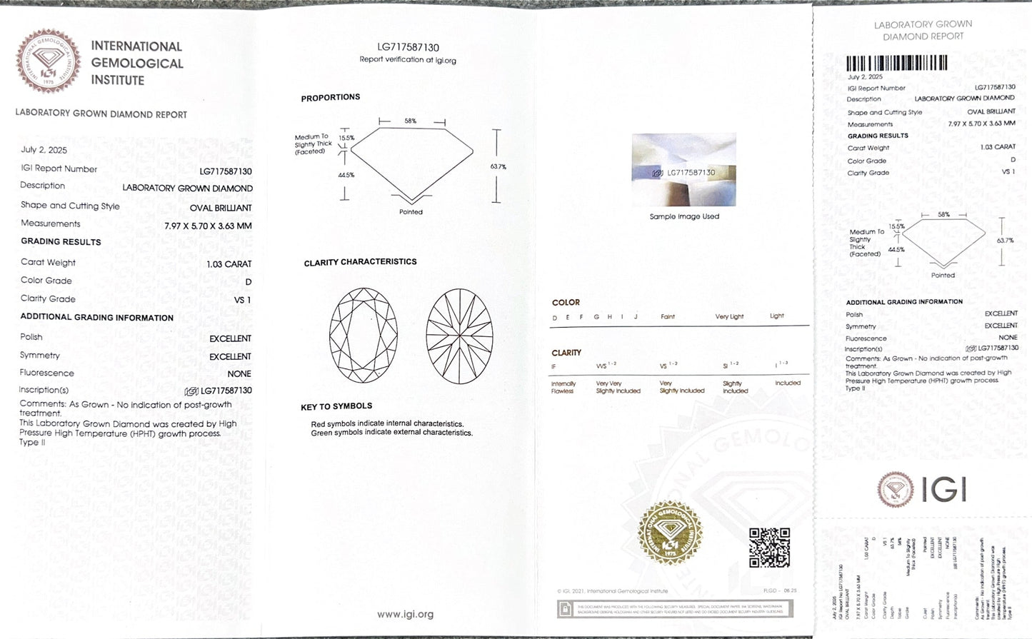Oval Brilliant D VS1 EX 1.03ct HPHT Lab Grown Diamond with IGI Certificate LG717587130