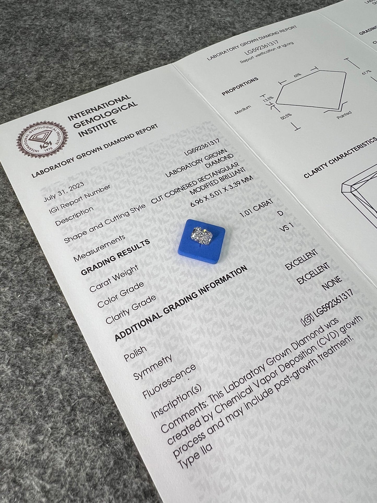 Radiant D VS1 EX EX 1.01ct CVD Lab Grown Diamond with IGI Certificate LG592361317