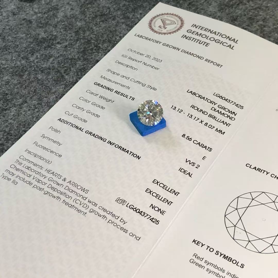 Round Cut 8.56ct E VVS2 CVD Lab Grown Diamond IGI Certificate LG604377425