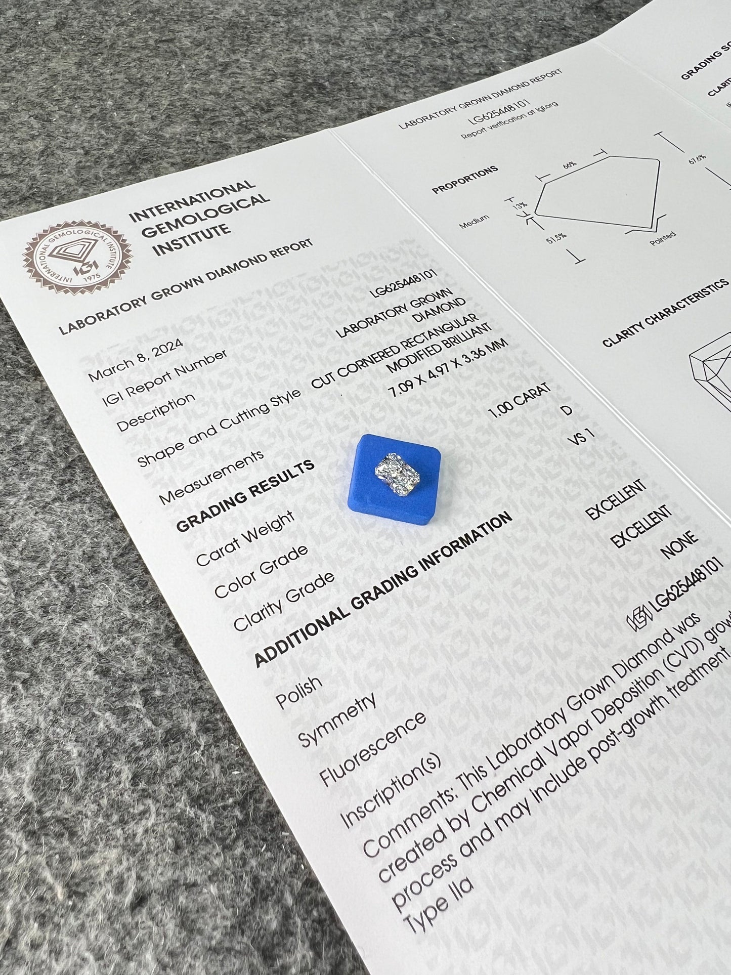 Radiant D VS1 EX EX 1ct CVD Lab Grown Diamond with IGI Certificate LG625448101