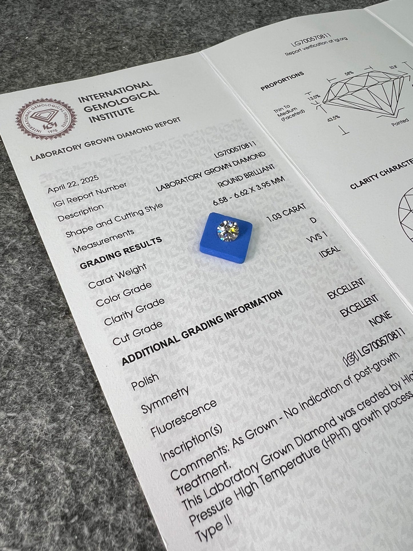 Round Brilliant D VVS1 ID EX EX 1.03ct Lab Grown Diamond with IGI Certificate LG700570811  HPHT