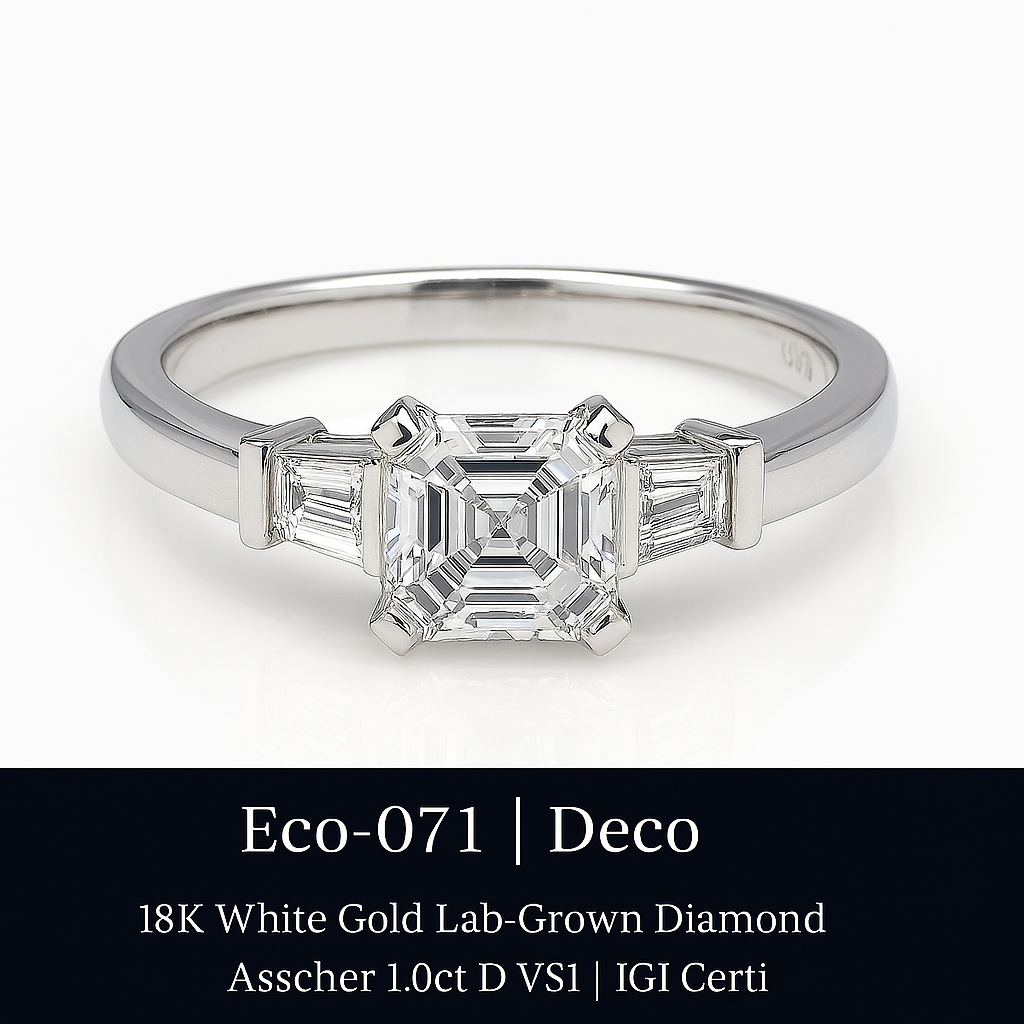 Eco-071 |1.10t D VS1 Asscher-Cut Lab-Grown Diamond | 18K White Gold | IGI Certified