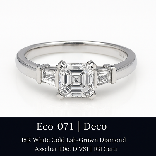 Eco-071 |1.10t D VS1 Asscher-Cut Lab-Grown Diamond | 18K White Gold | IGI Certified