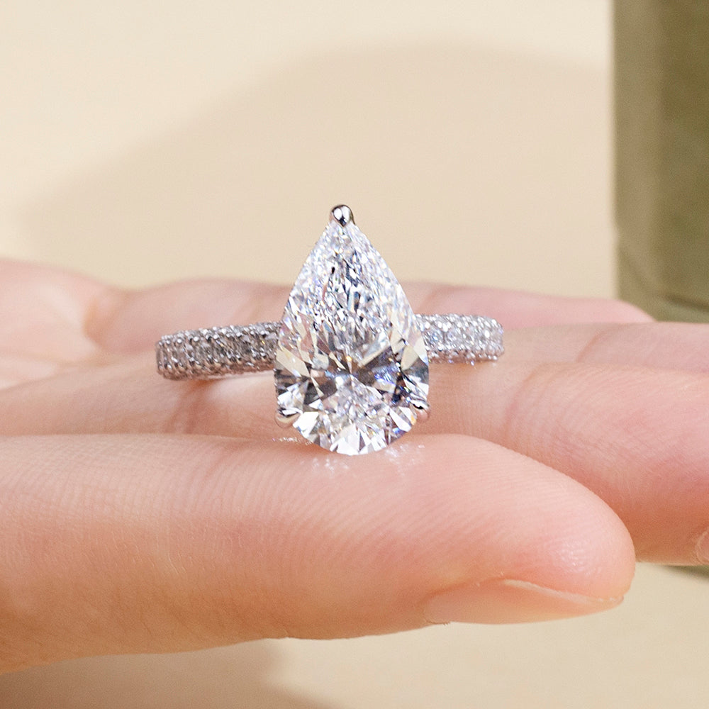 Eco-1897: Teardrop of Light – Lab-Grown Pear Diamond Pavé Ring in 18K White Gold