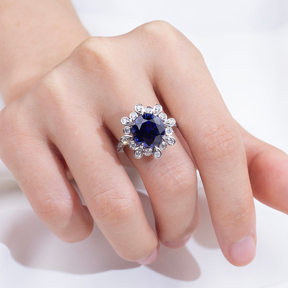 Eco-1905: Midnight Bloom – Lab-Grown Blue Sapphire & Diamond Halo Ring in 18K White Gold