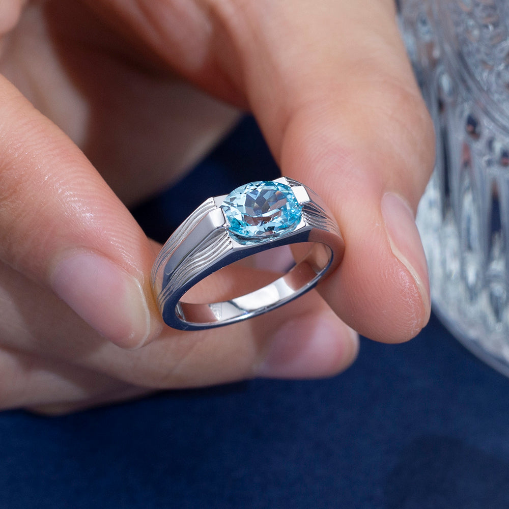 Eco-1797: Azure Orbit – Lab-Grown Blue Diamond Bezel Ring in 18K White Gold