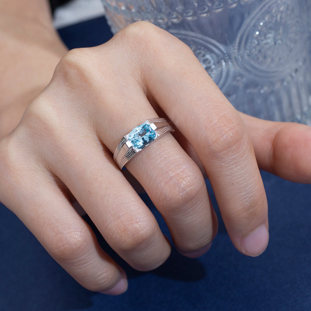 Eco-1797: Azure Orbit – Lab-Grown Blue Diamond Bezel Ring in 18K White Gold