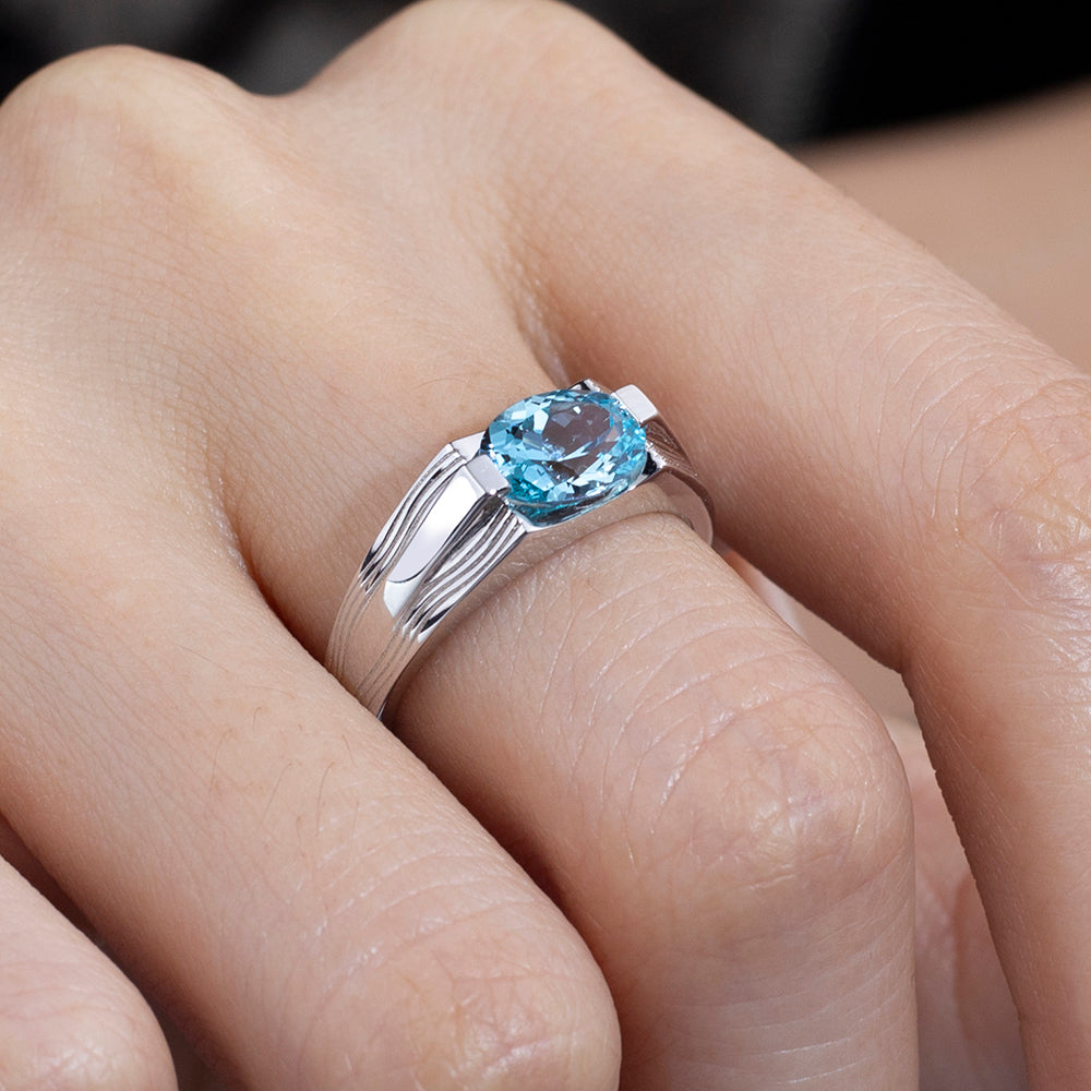 Eco-1797: Azure Orbit – Lab-Grown Blue Diamond Bezel Ring in 18K White Gold