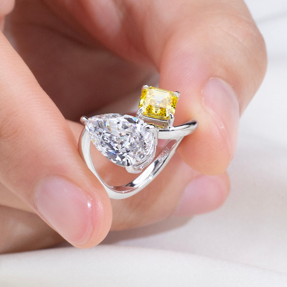Eco-1916: Duality of Light – Lab-Grown Pear & Yellow Radiant Diamond Bypass Ring in 18K White Gold