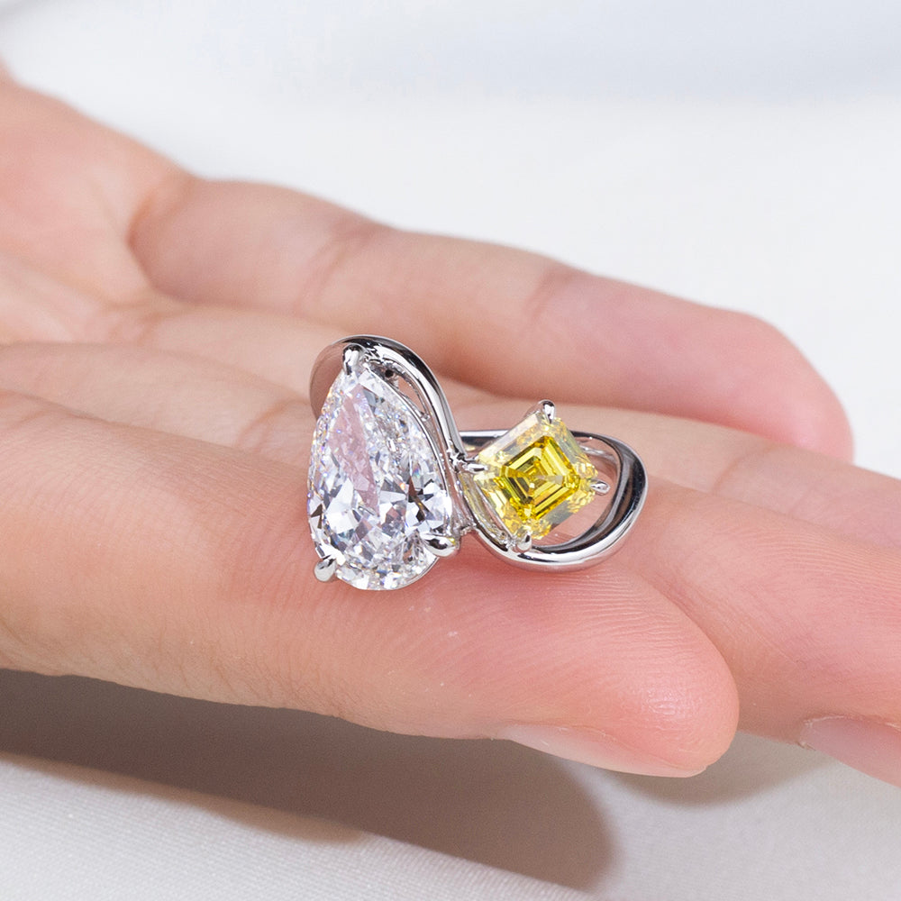 Eco-1916: Duality of Light – Lab-Grown Pear & Yellow Radiant Diamond Bypass Ring in 18K White Gold