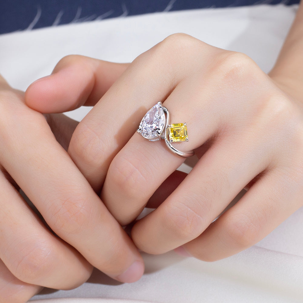 Eco-1916: Duality of Light – Lab-Grown Pear & Yellow Radiant Diamond Bypass Ring in 18K White Gold