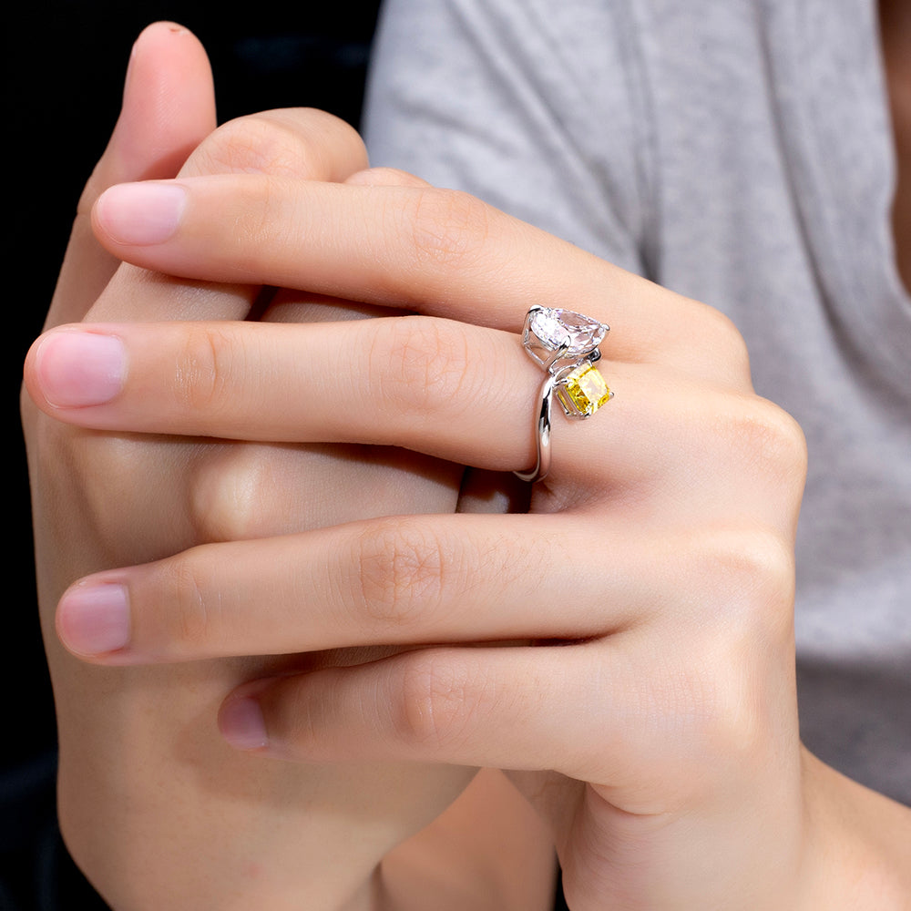 Eco-1916: Duality of Light – Lab-Grown Pear & Yellow Radiant Diamond Bypass Ring in 18K White Gold