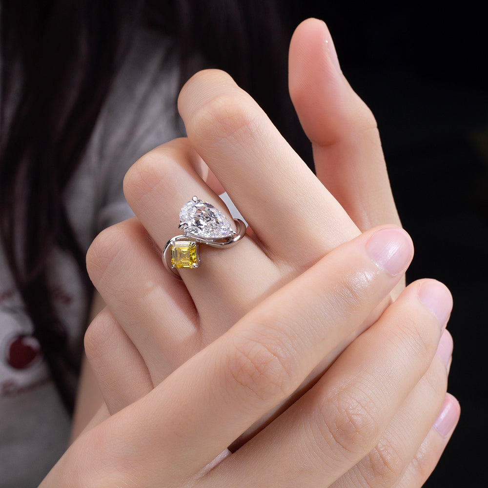 Eco-1916: Duality of Light – Lab-Grown Pear & Yellow Radiant Diamond Bypass Ring in 18K White Gold