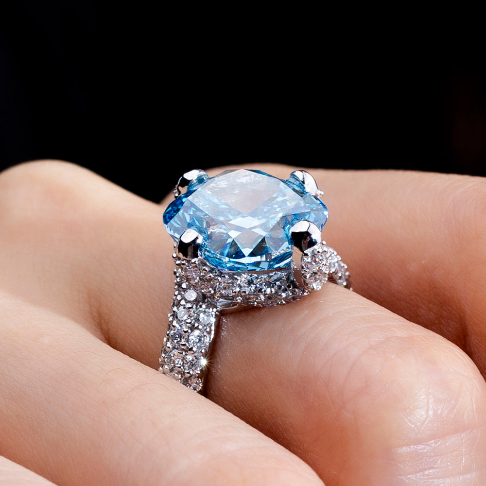 Eco-1813: Celestial Depth – Lab-Grown Blue Sapphire & Diamond Halo Ring in 18K White Gold
