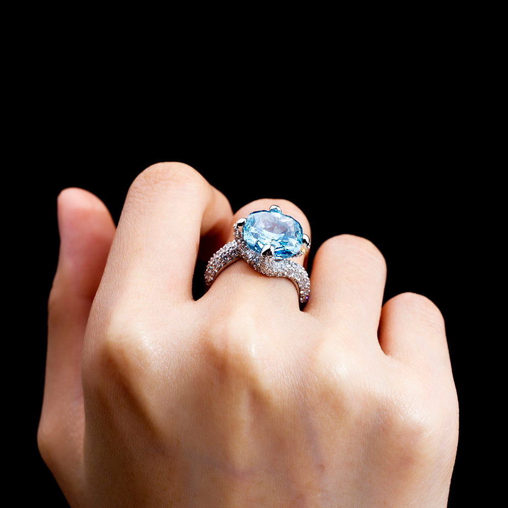 Eco-1813: Celestial Depth – Lab-Grown Blue Sapphire & Diamond Halo Ring in 18K White Gold