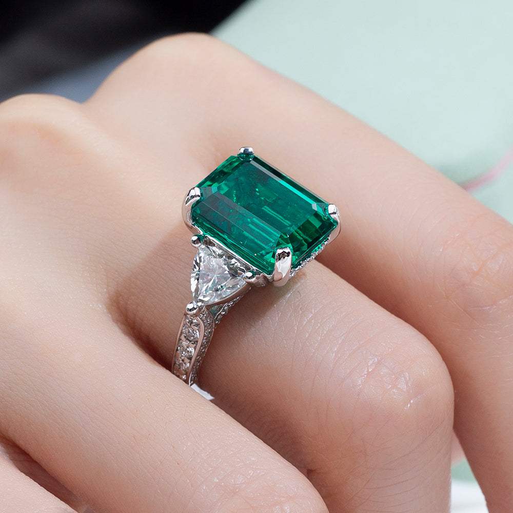 Eco-1816: Emerald Reverie – Lab-Grown Emerald & Diamond Trilogy Ring in 18K White Gold