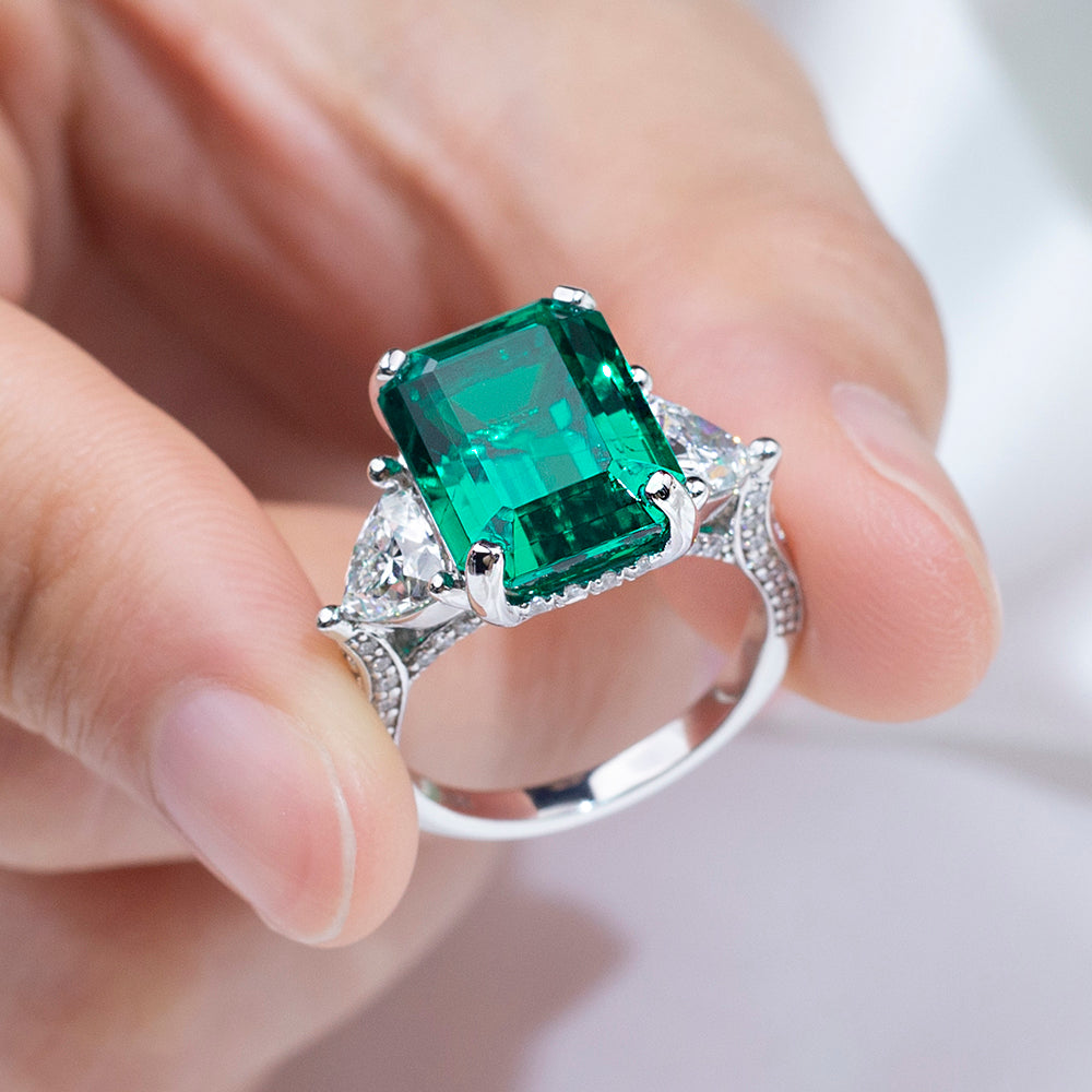 Eco-1816: Emerald Reverie – Lab-Grown Emerald & Diamond Trilogy Ring in 18K White Gold