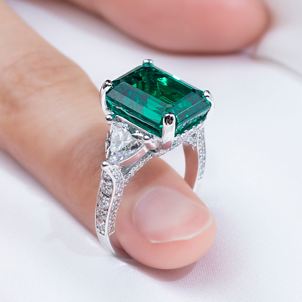 Eco-1816: Emerald Reverie – Lab-Grown Emerald & Diamond Trilogy Ring in 18K White Gold