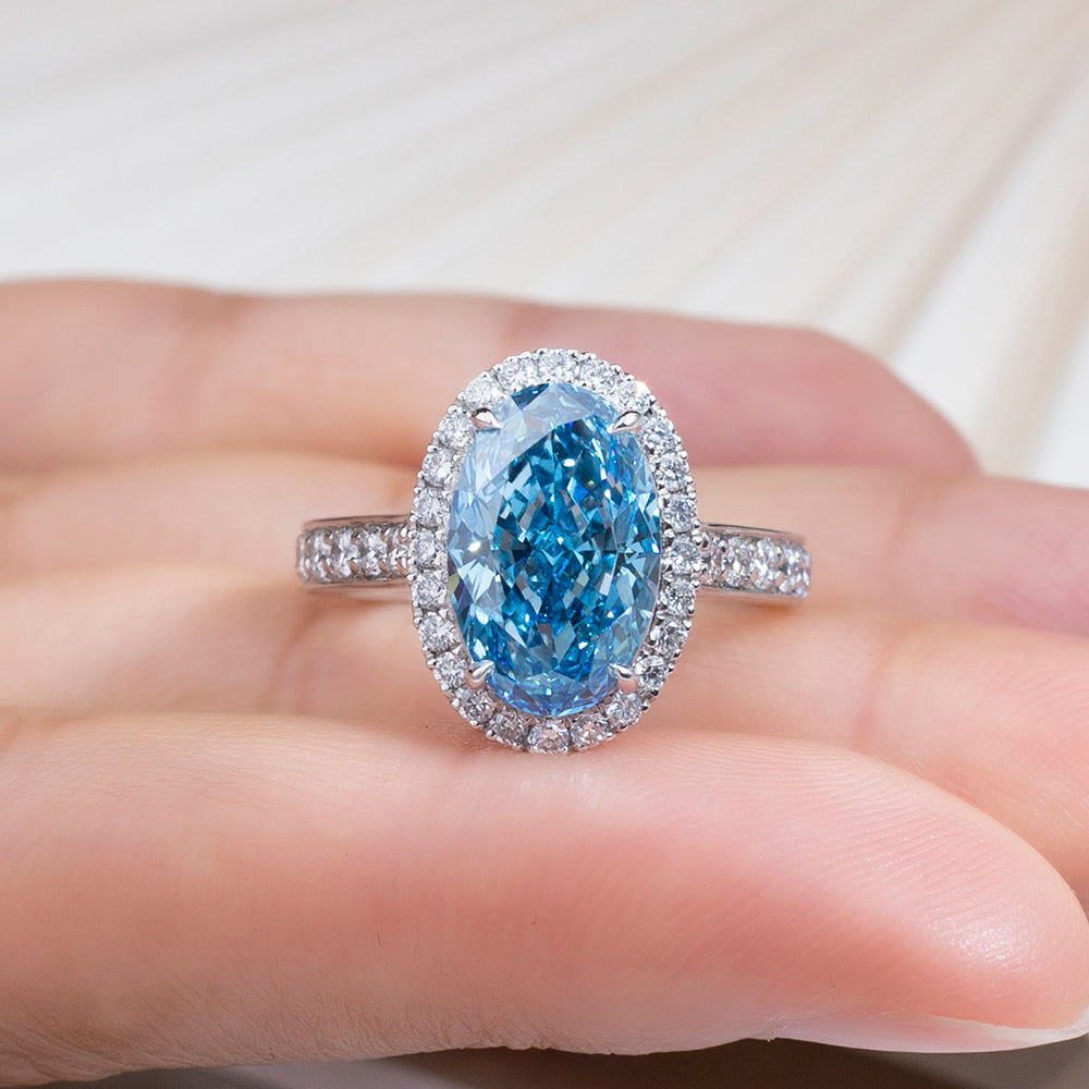 Eco-1817：サファイア・ハロー・セレナーデ – ラボグロウン・ブルーサファイア＆ダイヤモンド・リング（18Kホワイトゴールド） 