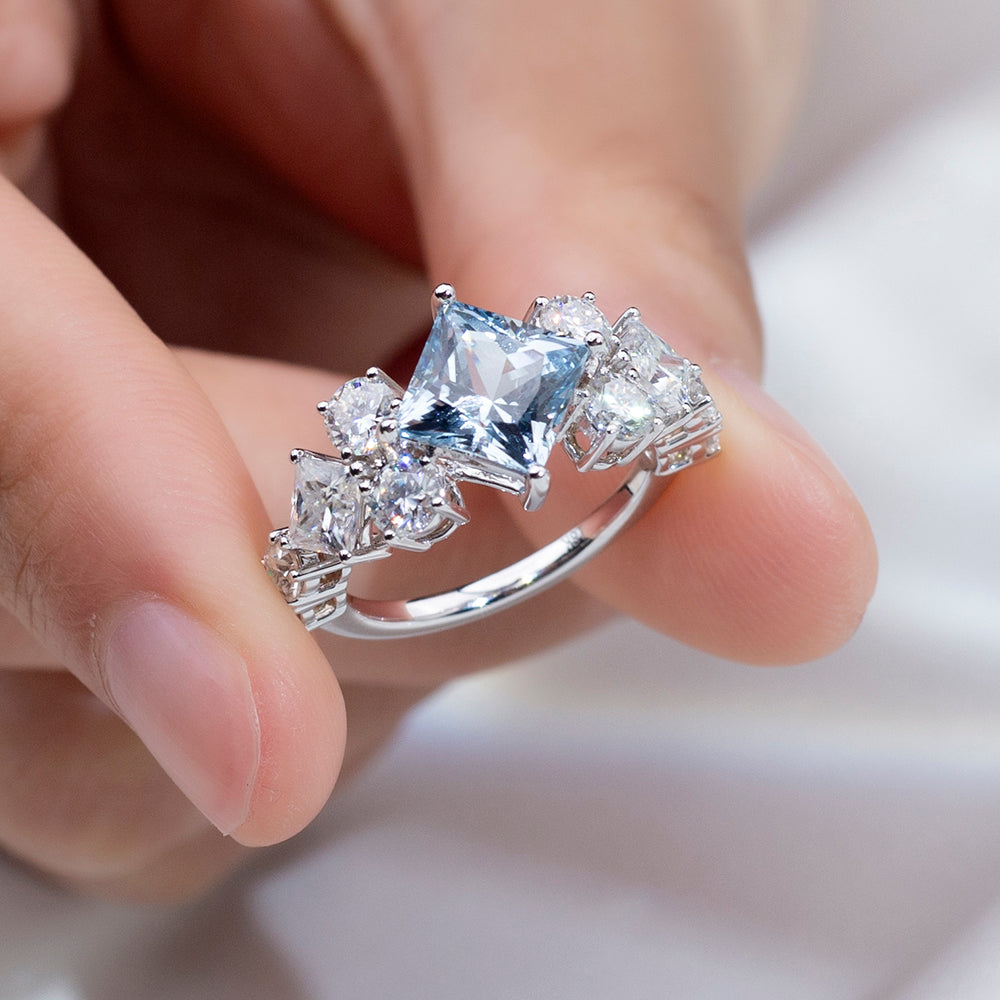 Eco-1819: Azure Illusion – Lab-Grown Blue Diamond Statement Ring in 18K White Gold