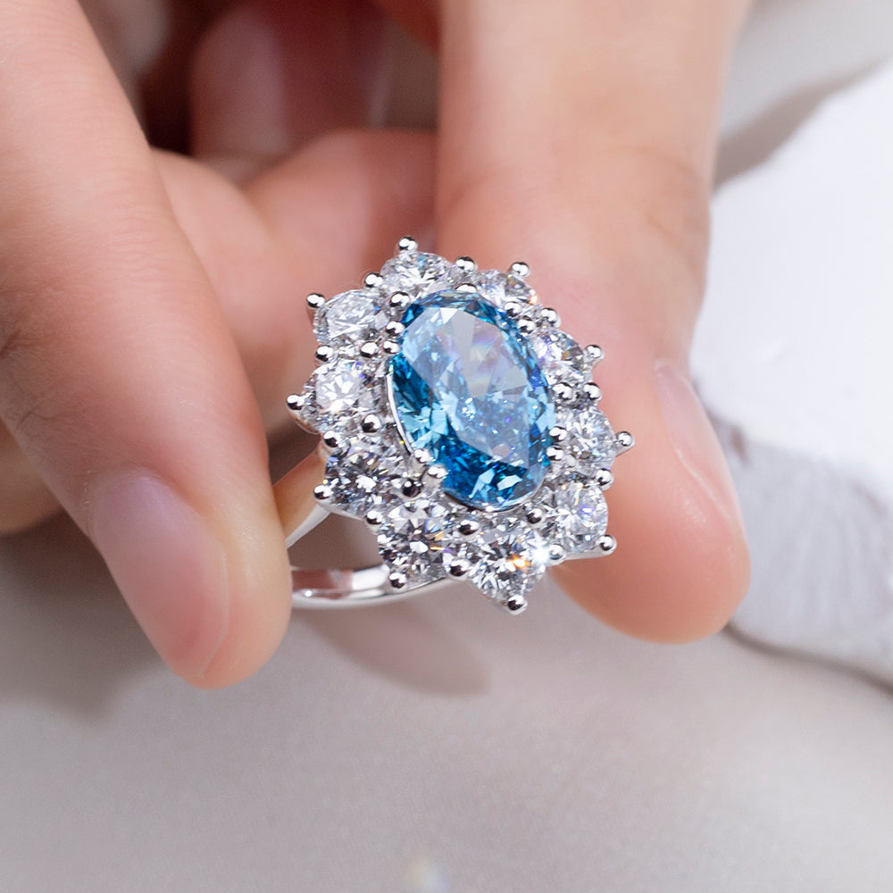 Eco-1820: Celestial Bloom – Lab-Grown Blue Sapphire & Diamond Halo Ring in 18K White Gold
