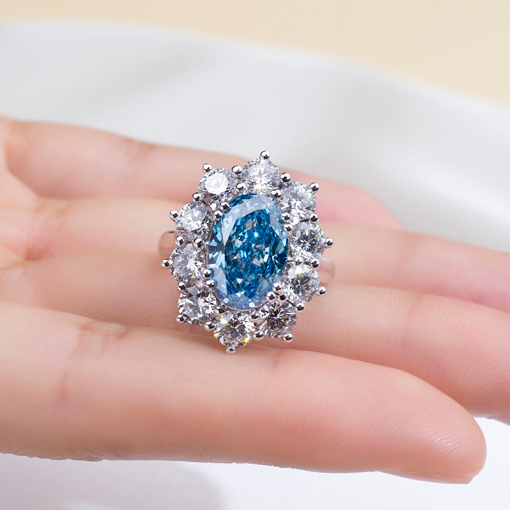 Eco-1820: Celestial Bloom – Lab-Grown Blue Sapphire & Diamond Halo Ring in 18K White Gold