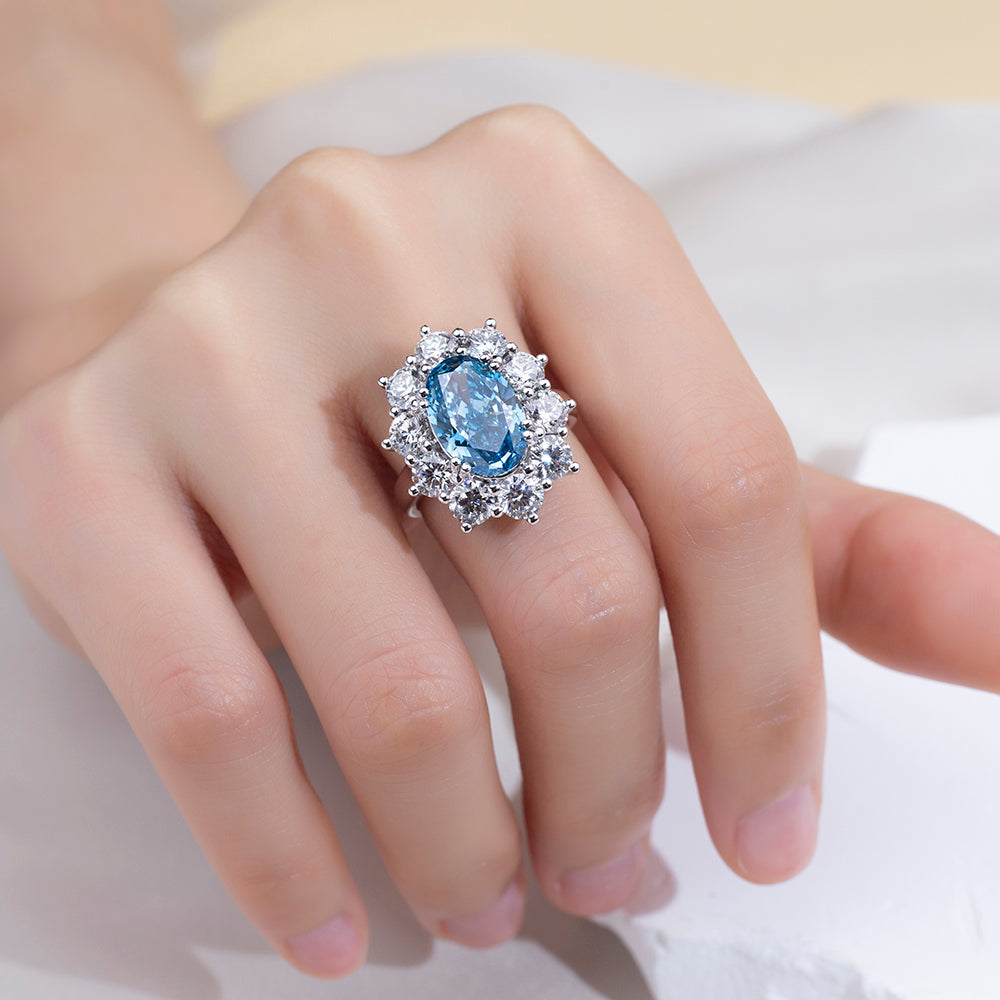 Eco-1820: Celestial Bloom – Lab-Grown Blue Sapphire & Diamond Halo Ring in 18K White Gold