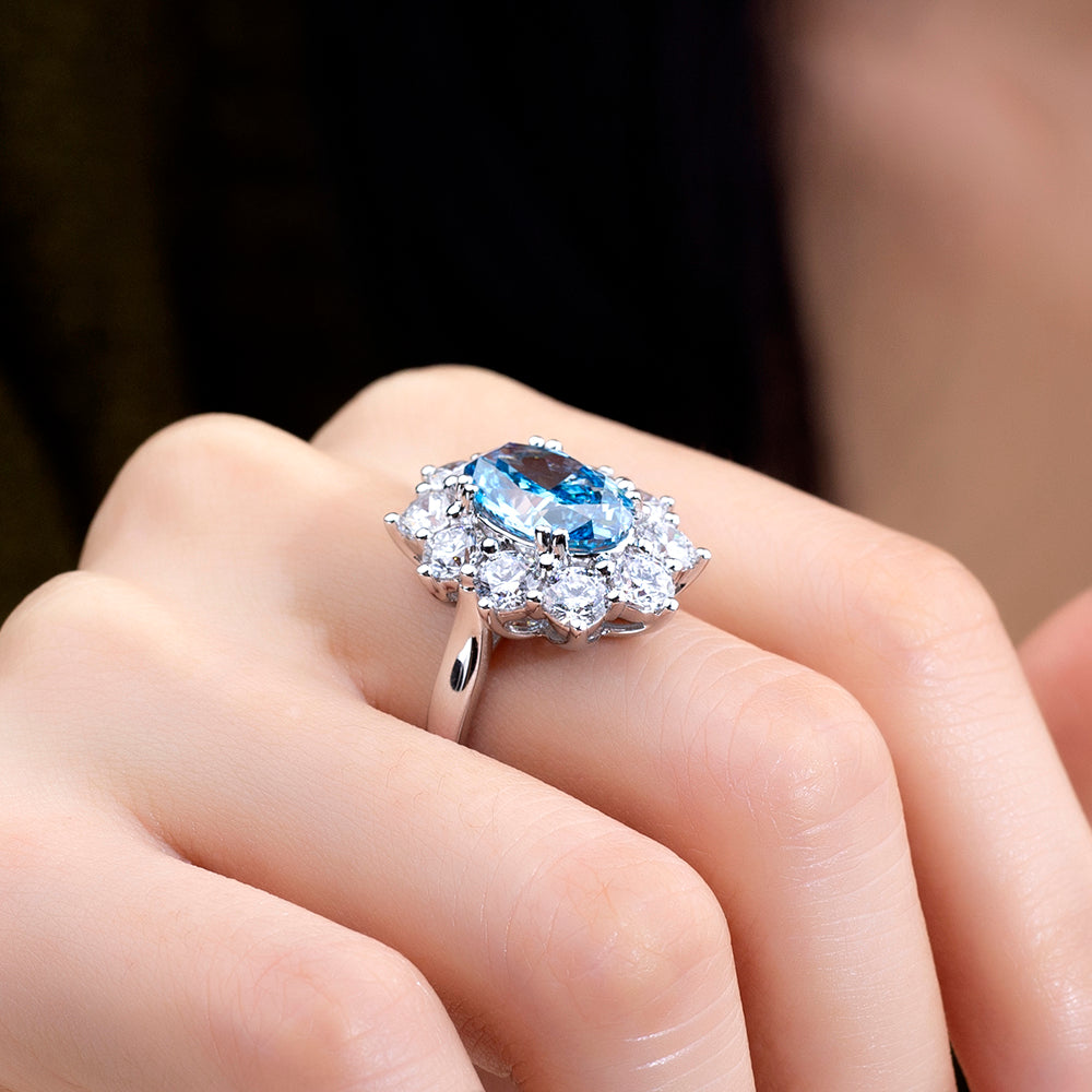 Eco-1820: Celestial Bloom – Lab-Grown Blue Sapphire & Diamond Halo Ring in 18K White Gold